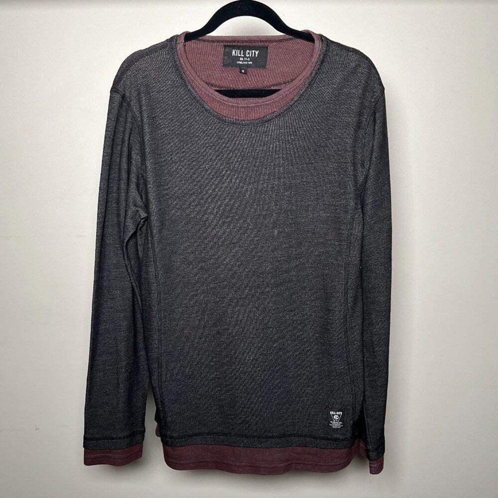 Kill City Tri-Blend Black Maroon Double Layered‎ Long Sleeve Tee Mens S